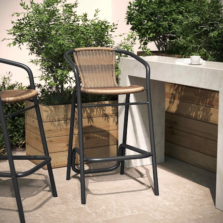 Flash Furniture Lila Commercial Grade Indoor-Outdoor PE Rattan Restaurant Barstool with Black Aluminum Frame and Footrest in Medium Brown SDA-AD632032R-DK-BN-GG